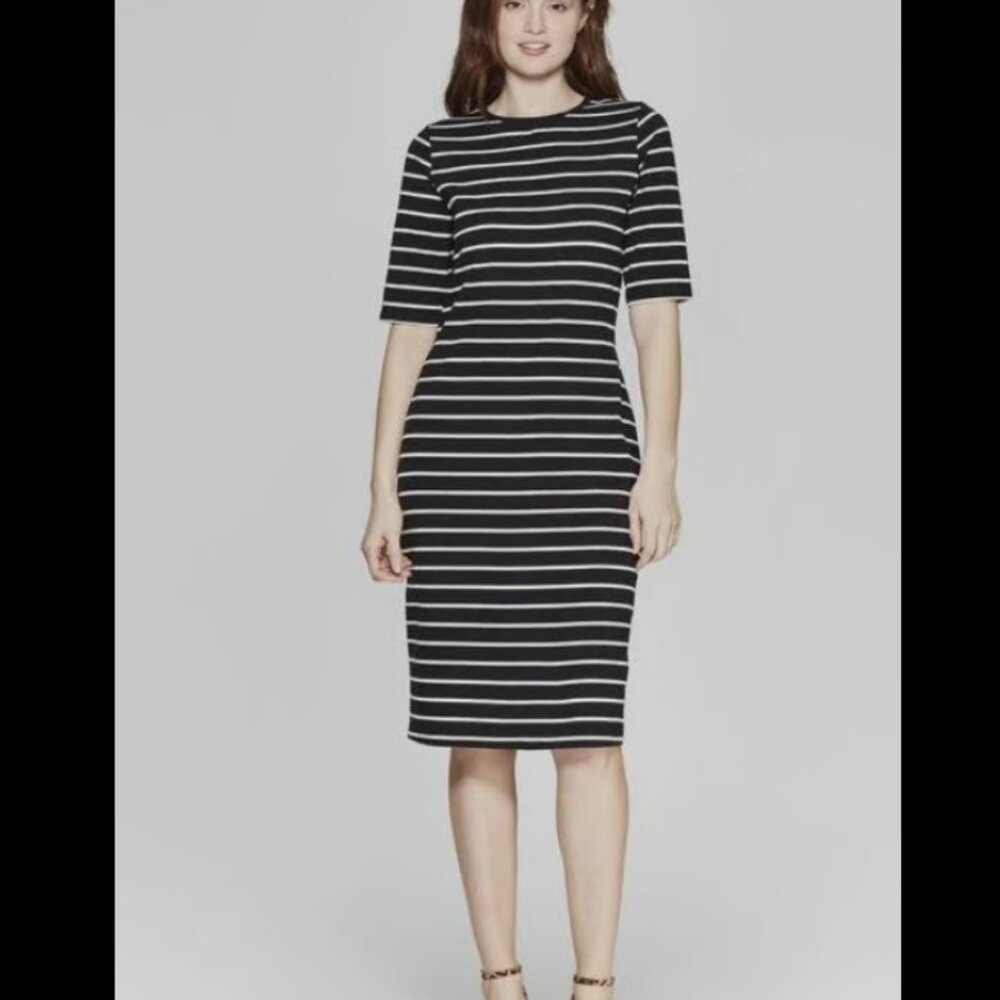 A New Day Black & White Striped Cotton Dress Women’s XS Quarter Sleeve